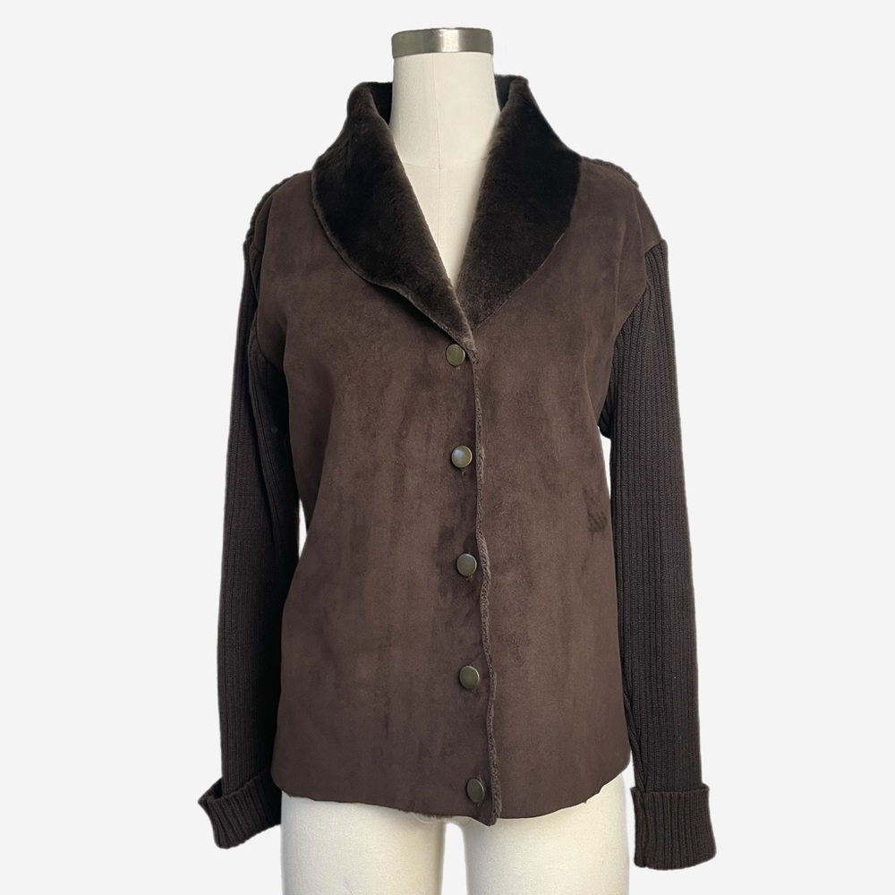 Ambra brown faux suede fur trimmed knit sweater jacket y2k fall boho retro PL